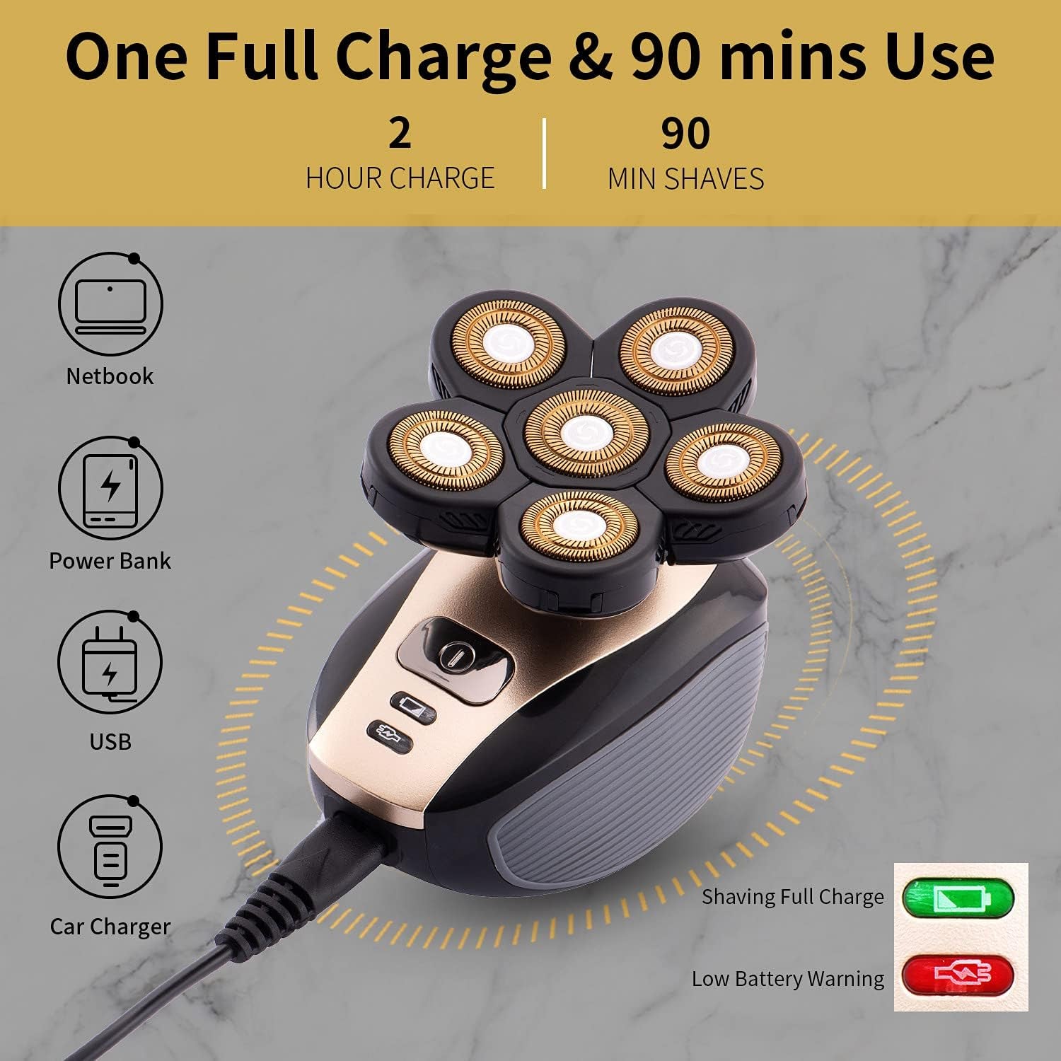 Revamp Your Grooming Routine with the Upgraded 5-in-1 Waterproof Bald Head Shaver for Men - Cordless and Rechargeable Electric Razor in Stunning Gold