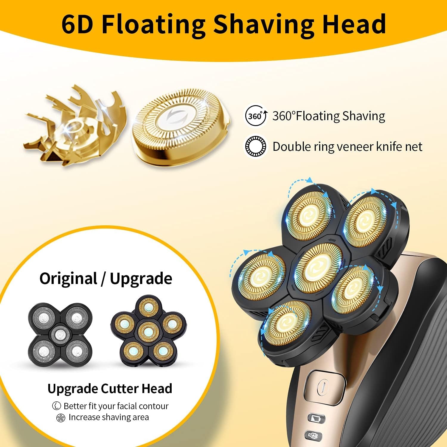 Revamp Your Grooming Routine with the Upgraded 5-in-1 Waterproof Bald Head Shaver for Men - Cordless and Rechargeable Electric Razor in Stunning Gold