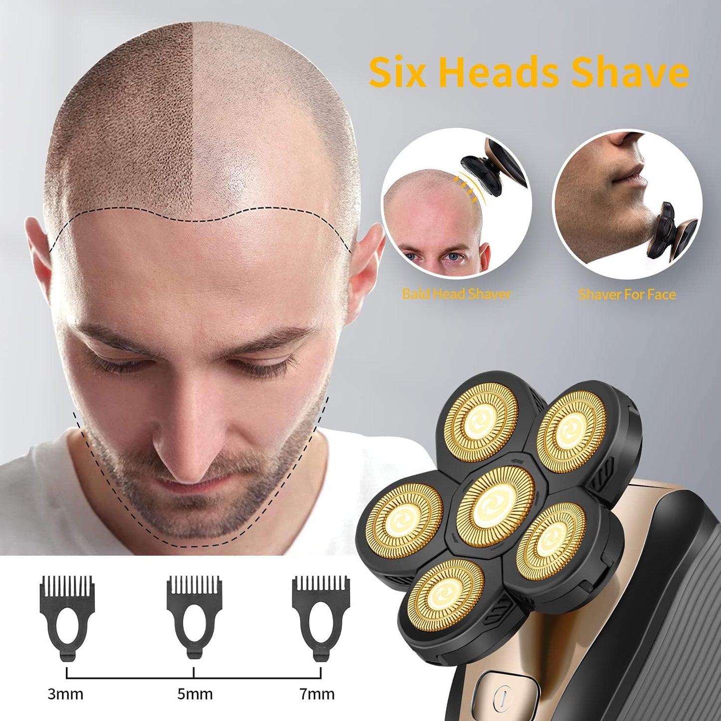 Revamp Your Grooming Routine with the Upgraded 5-in-1 Waterproof Bald Head Shaver for Men - Cordless and Rechargeable Electric Razor in Stunning Gold