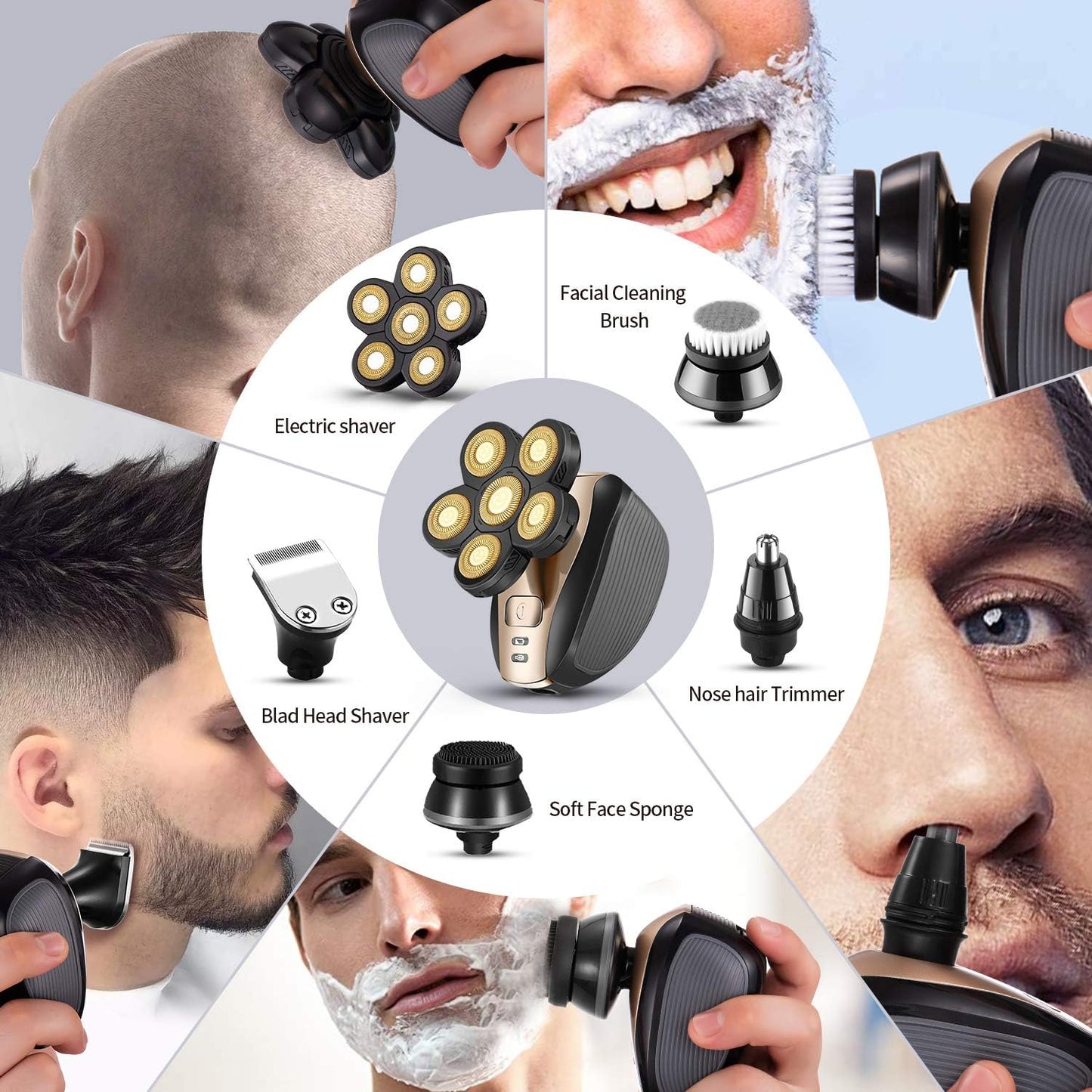 Revamp Your Grooming Routine with the Upgraded 5-in-1 Waterproof Bald Head Shaver for Men - Cordless and Rechargeable Electric Razor in Stunning Gold