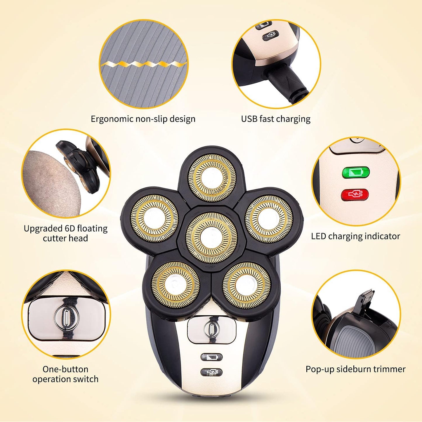 Revamp Your Grooming Routine with the Upgraded 5-in-1 Waterproof Bald Head Shaver for Men - Cordless and Rechargeable Electric Razor in Stunning Gold