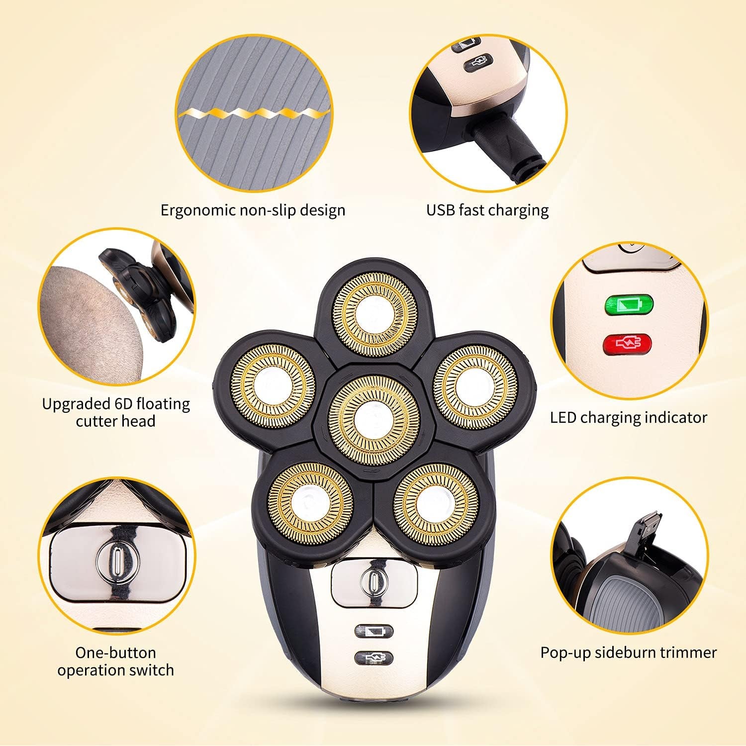 Revamp Your Grooming Routine with the Upgraded 5-in-1 Waterproof Bald Head Shaver for Men - Cordless and Rechargeable Electric Razor in Stunning Gold