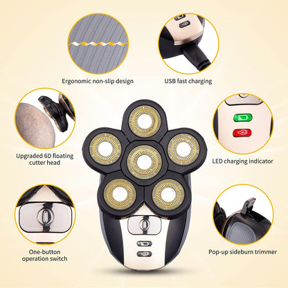 Revamp Your Grooming Routine with the Upgraded 5-in-1 Waterproof Bald Head Shaver for Men - Cordless and Rechargeable Electric Razor in Stunning Gold